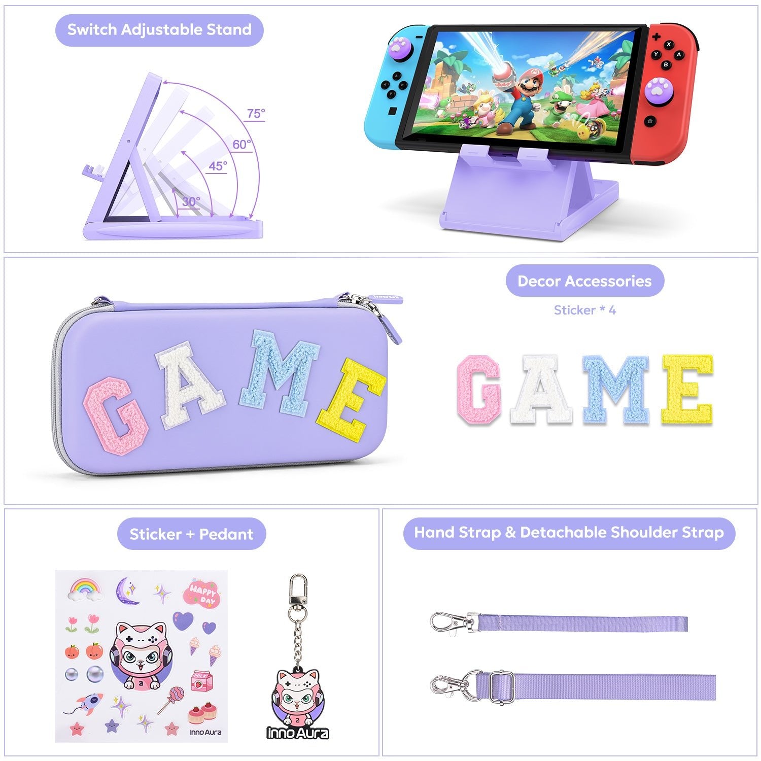 innoAura Switch/OLED Case for NS, 16 in 1 Switch Accessories Bundles(Purple-grey Splicing)