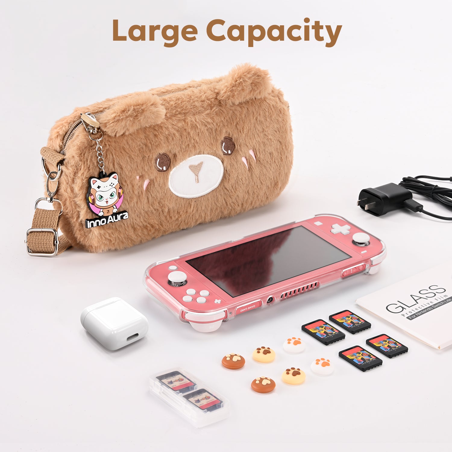 innoAura Nintendo Switch Lite Case, Plush Fluffy Bear Cute Case Cover for Switch