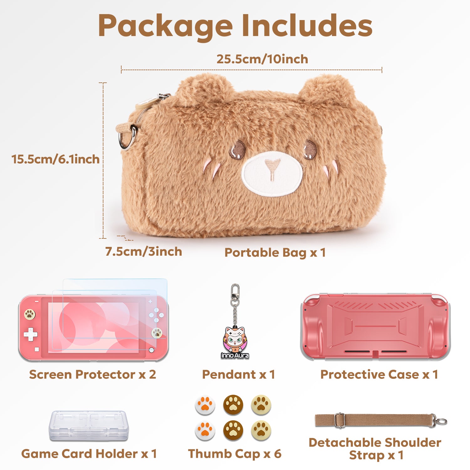 innoAura Nintendo Switch Lite Case, Plush Fluffy Bear Cute Case Cover for Switch