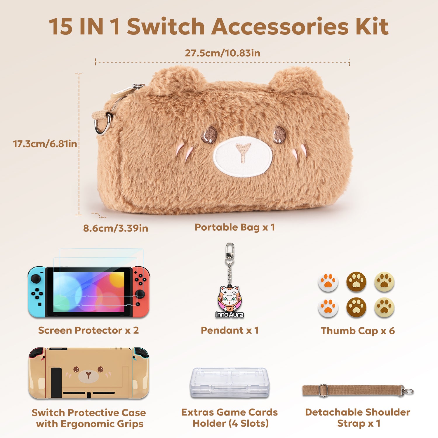innoAura Cute Plush Bear Nintendo Switch Case, Case Cover for Switch
