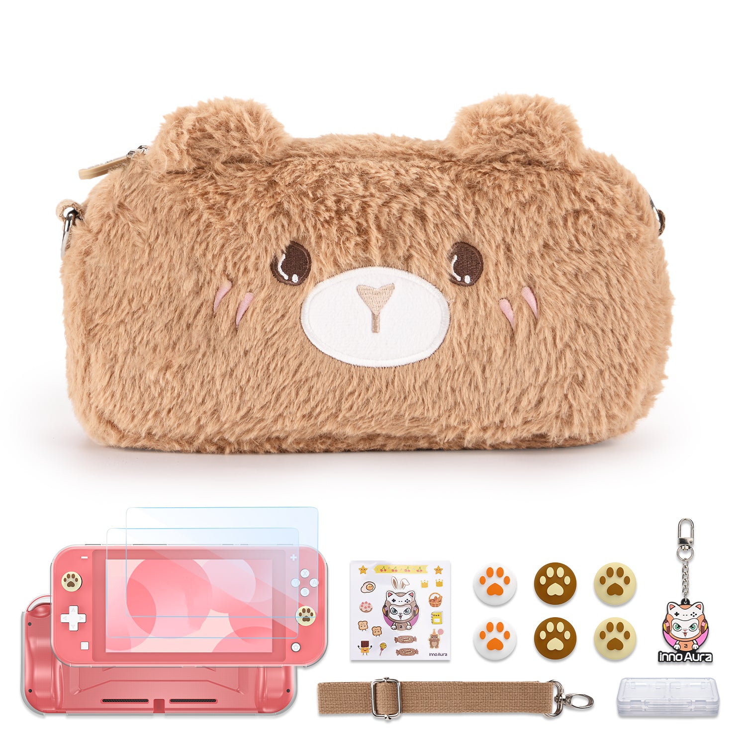 innoAura Nintendo Switch Lite Case, Plush Fluffy Bear Cute Case Cover for Switch