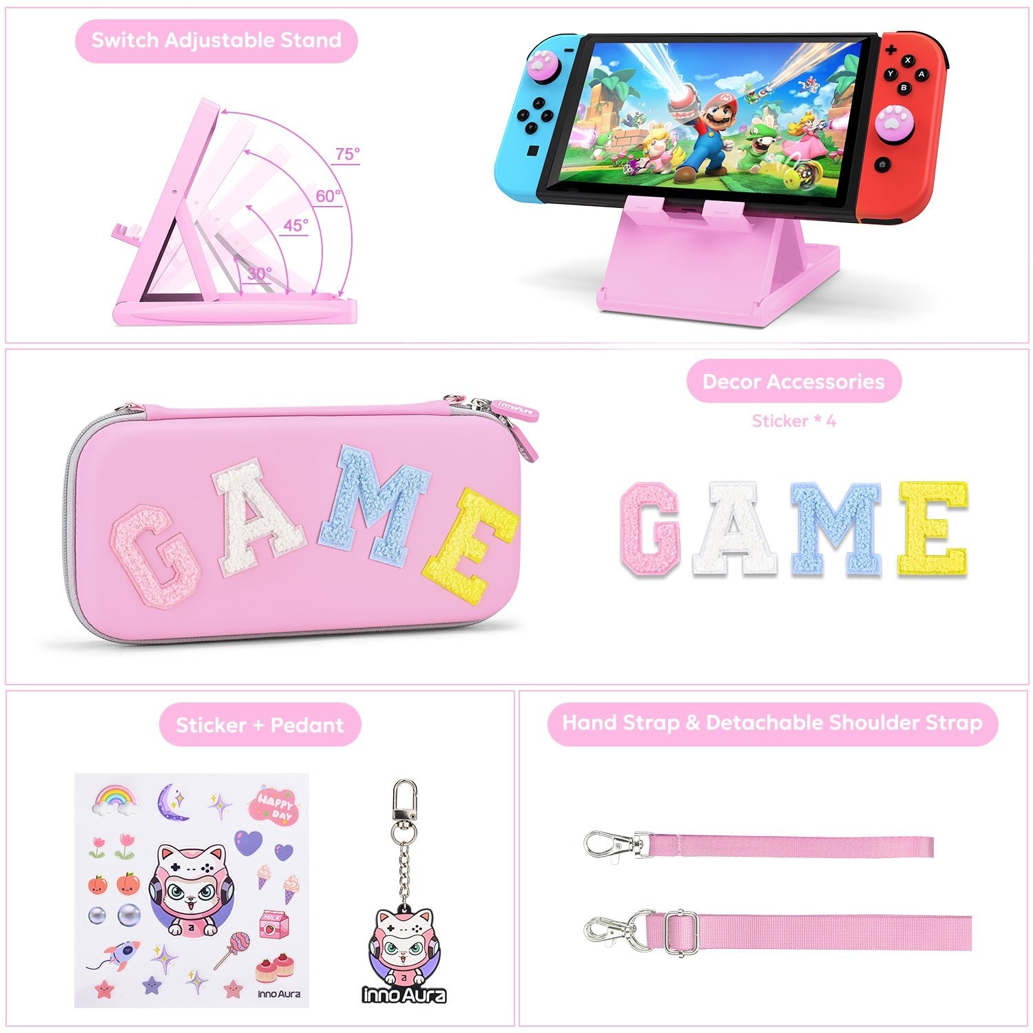 innoAura Switch Case for NS Switch, 16 in 1 Switch Accessories Bundles(Pink-grey Splicing)