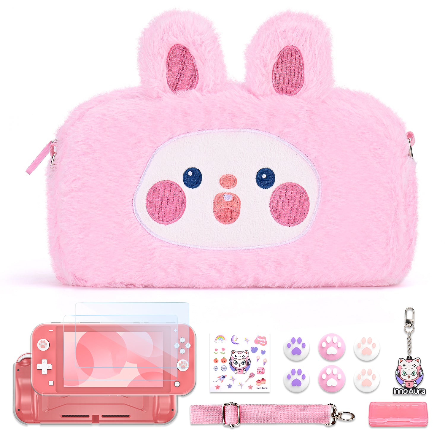 innoAura Switch Lite Case, 14 in 1 Switch Lite Accessories Bundle (Pink Rabbit)