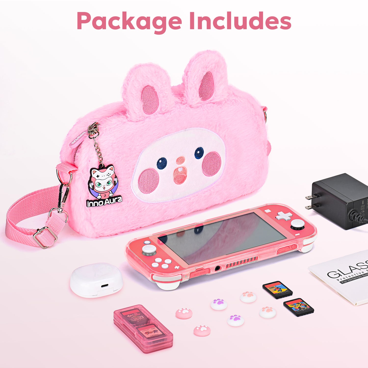 innoAura Switch Lite Case, 14 in 1 Switch Lite Accessories Bundle (Pink Rabbit)