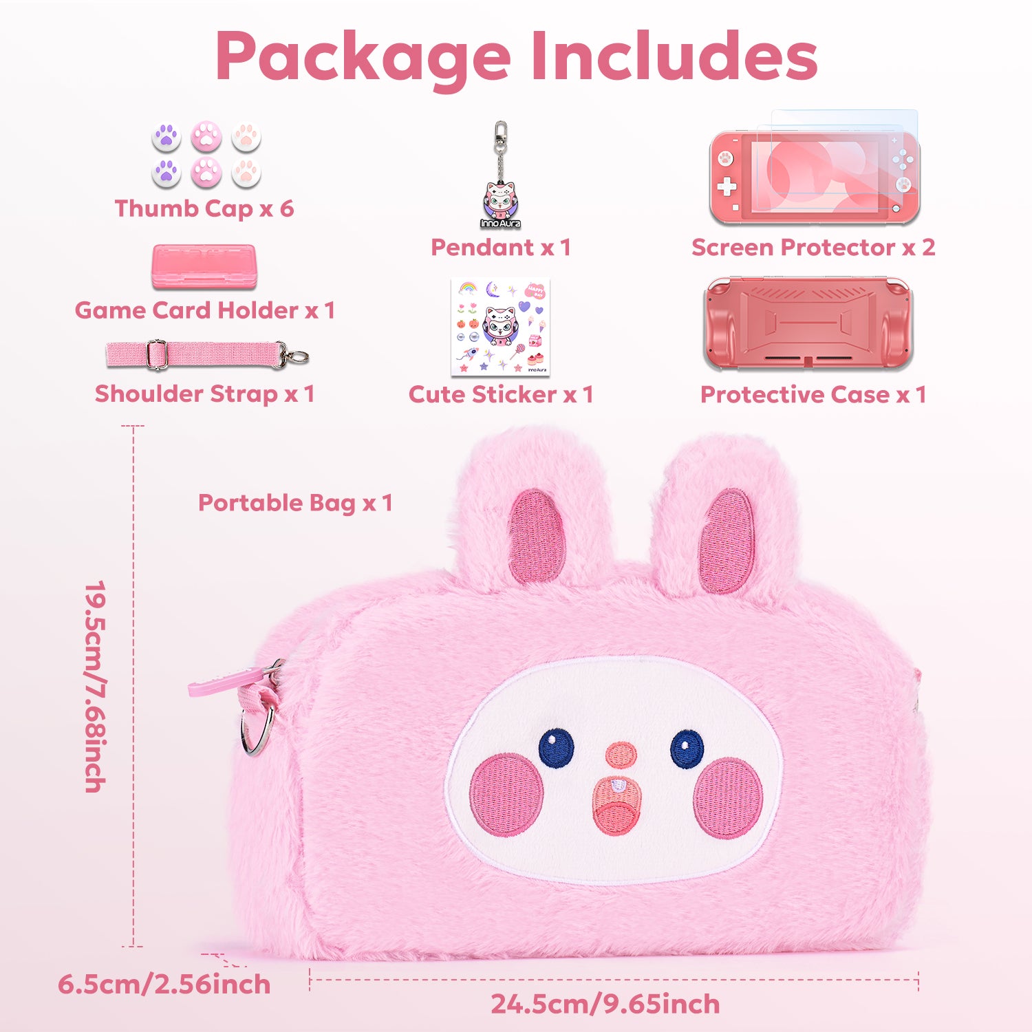 innoAura Switch Lite Case, 14 in 1 Switch Lite Accessories Bundle (Pink Rabbit)