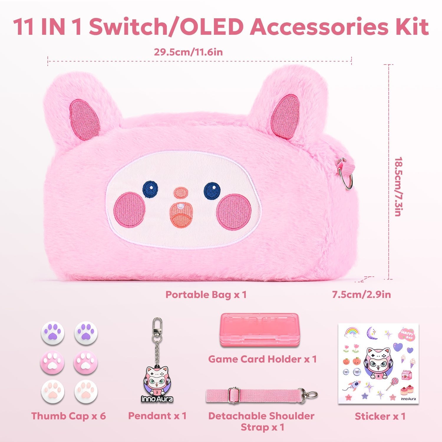 Switch Case for NS Switch, innoAura 11 in 1 Switch Accessories Bundles (Pink Rabbit)