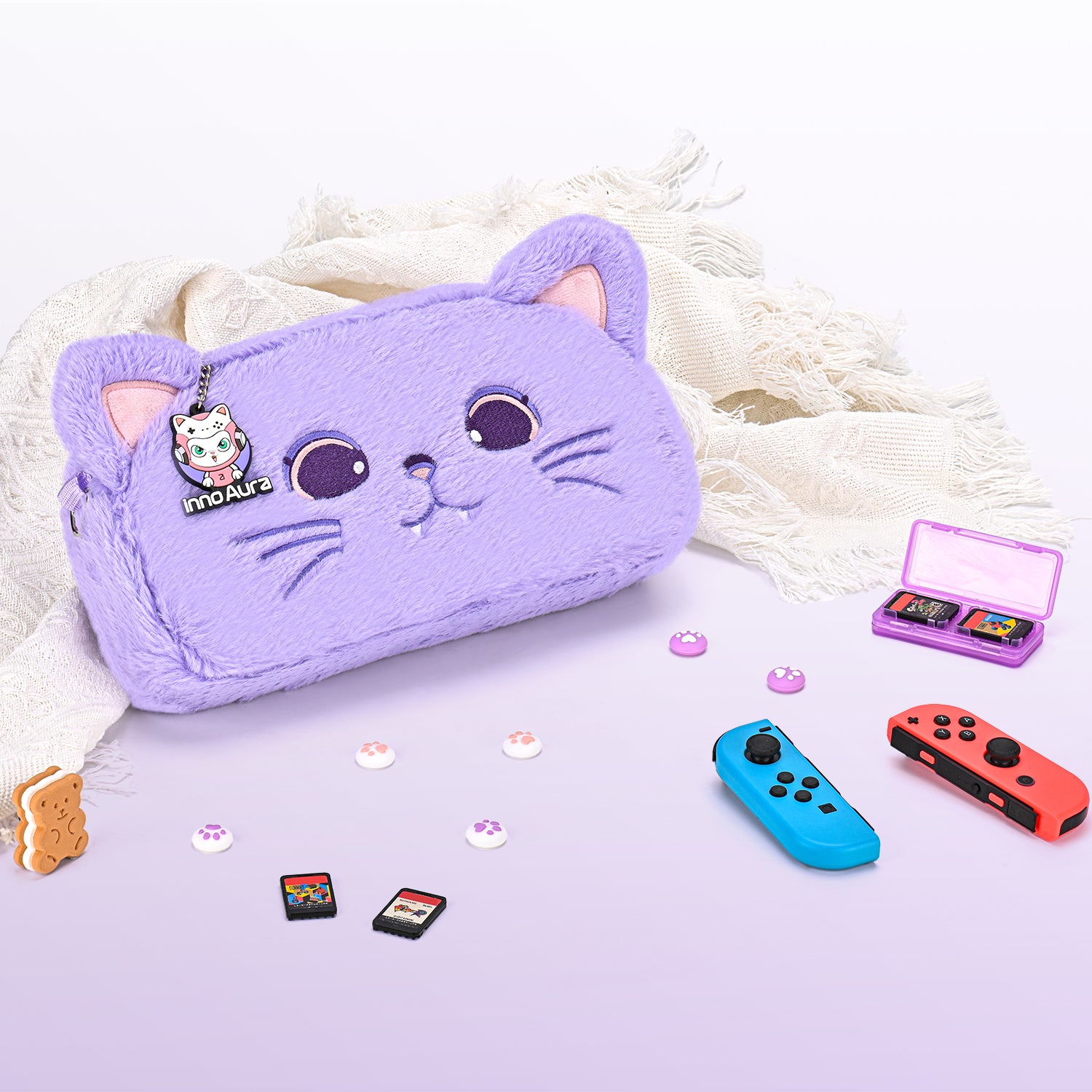 Switch Case for NS Switch, innoAura 11 in 1 Switch Accessories Bundles (Purple Cat)