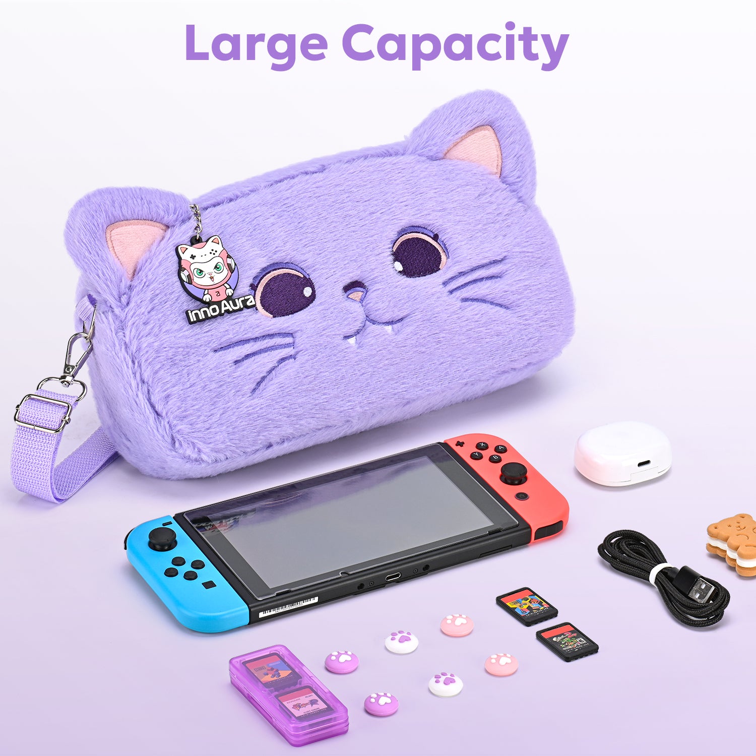 Switch Case for NS Switch, innoAura 11 in 1 Switch Accessories Bundles (Purple Cat)