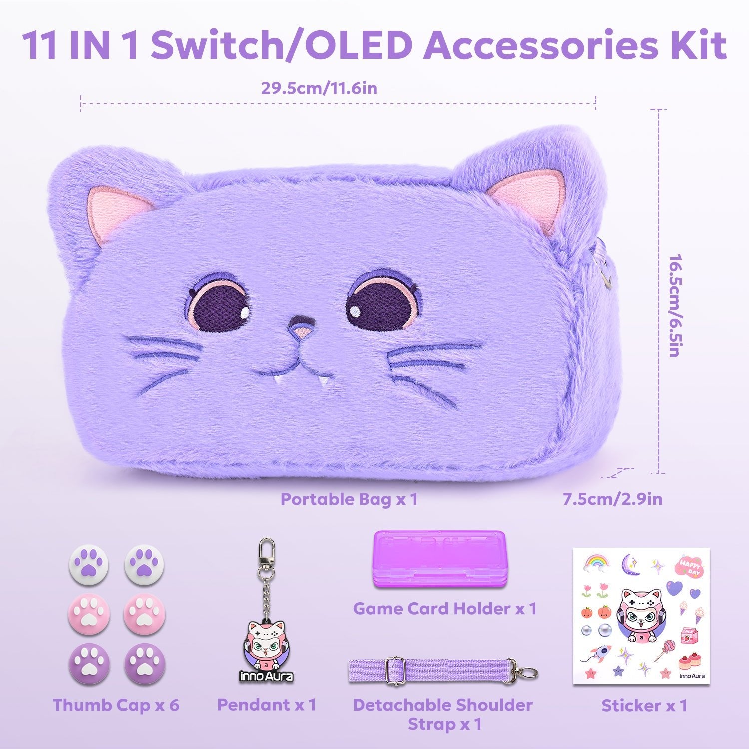 Switch Case for NS Switch, innoAura 11 in 1 Switch Accessories Bundles (Purple Cat)